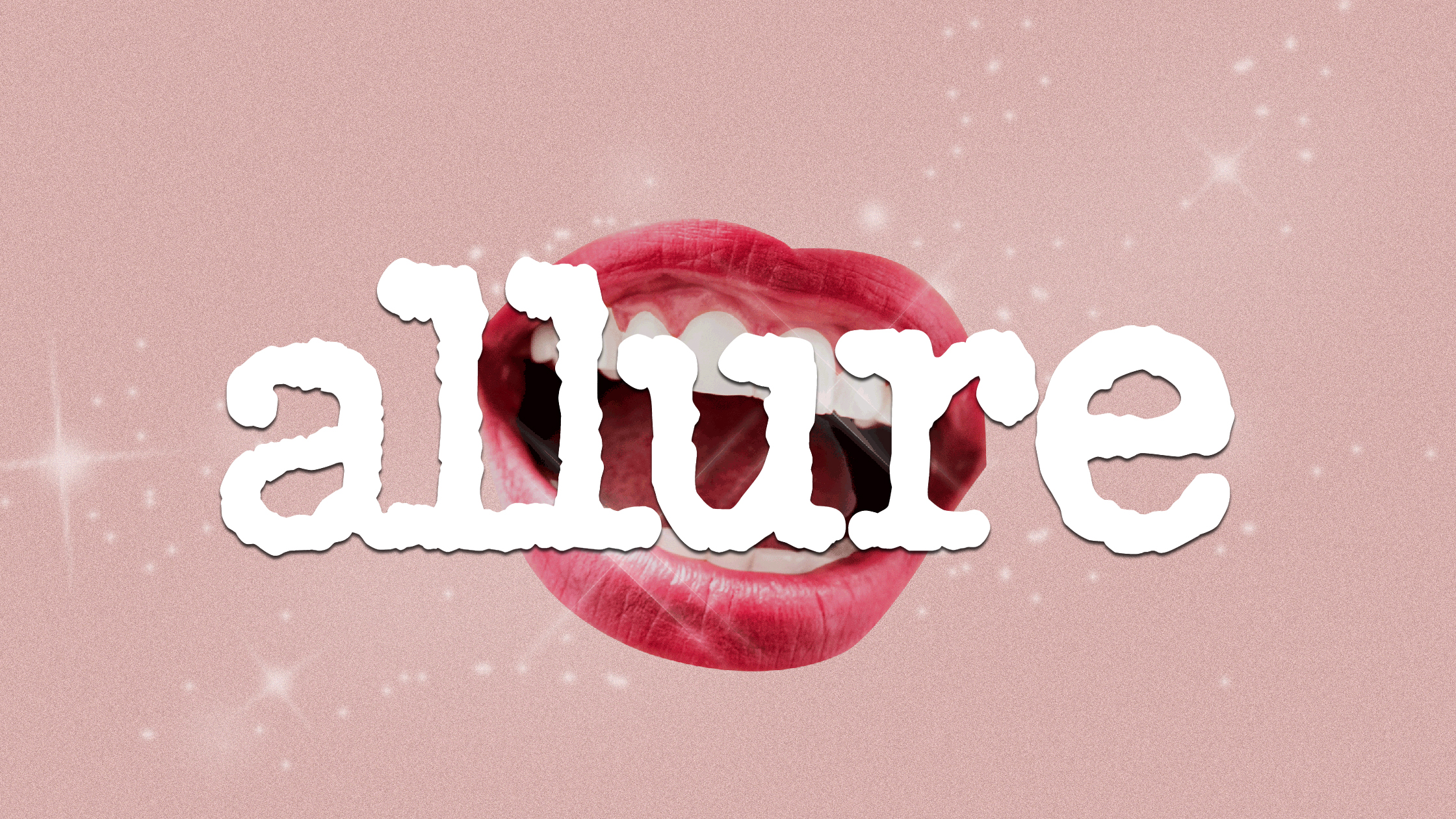 A stylized image of red lips on a pink background with sparkling highlights. The word allure is overlaid in bold, white, textured letters, partially covering the lips.