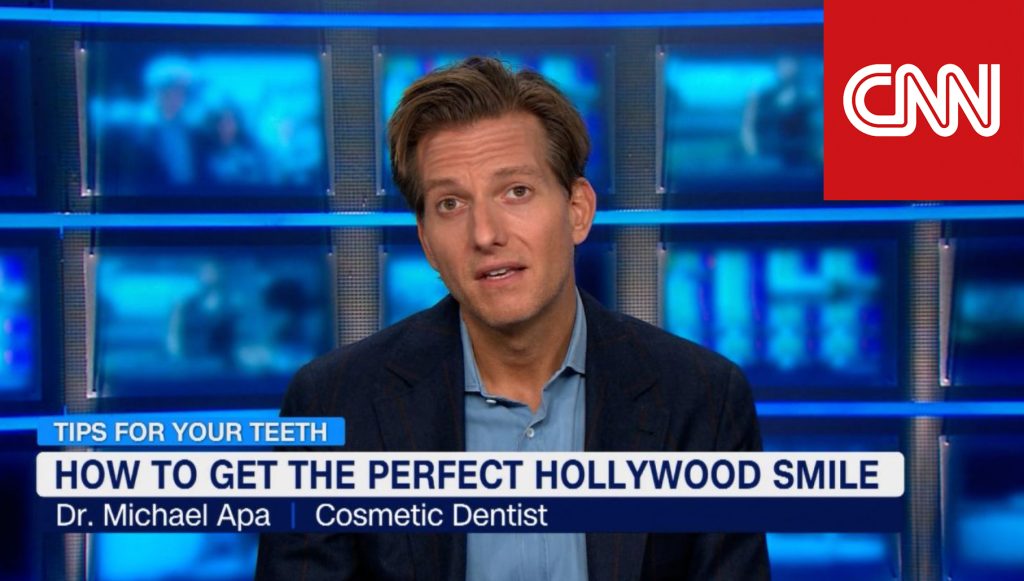 Screenshot of a CNN segment titled Tips for Your Teeth. A cosmetic dentist, Dr. Michael Apa, discusses how to get the perfect Hollywood smile. The CNN logo is in the top right corner.