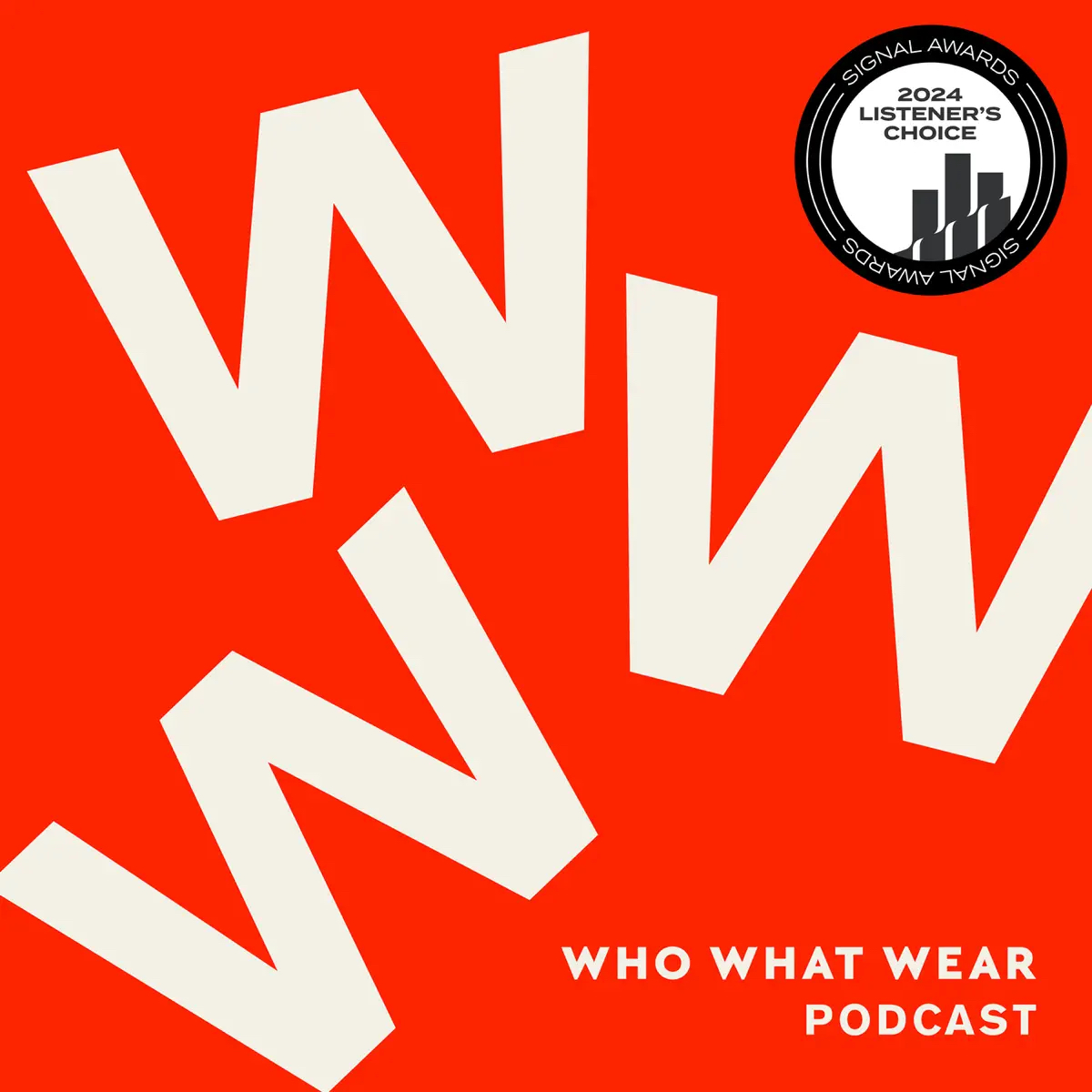 White W letters on a bright red background with text Who What Wear Podcast. A circular badge in the top right says 2024 Listeners Choice Signal Awards with a stylized cityscape.