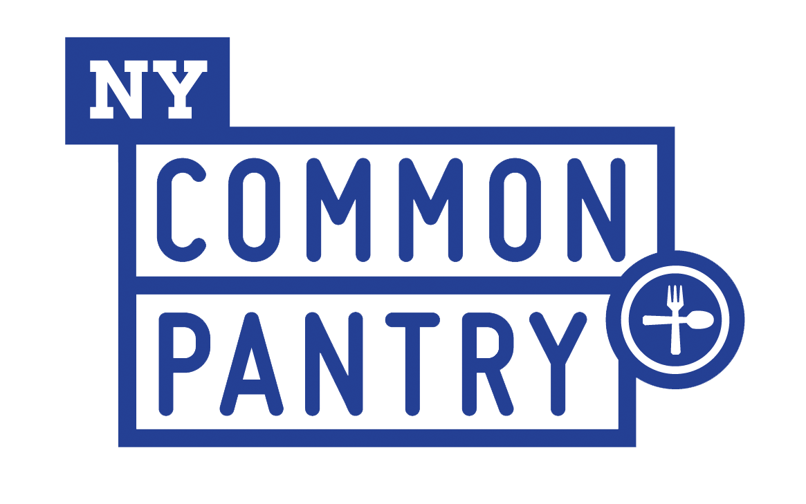 Logo of NY Common Pantry featuring bold blue text on a white background and a circular icon with a fork and spoon.