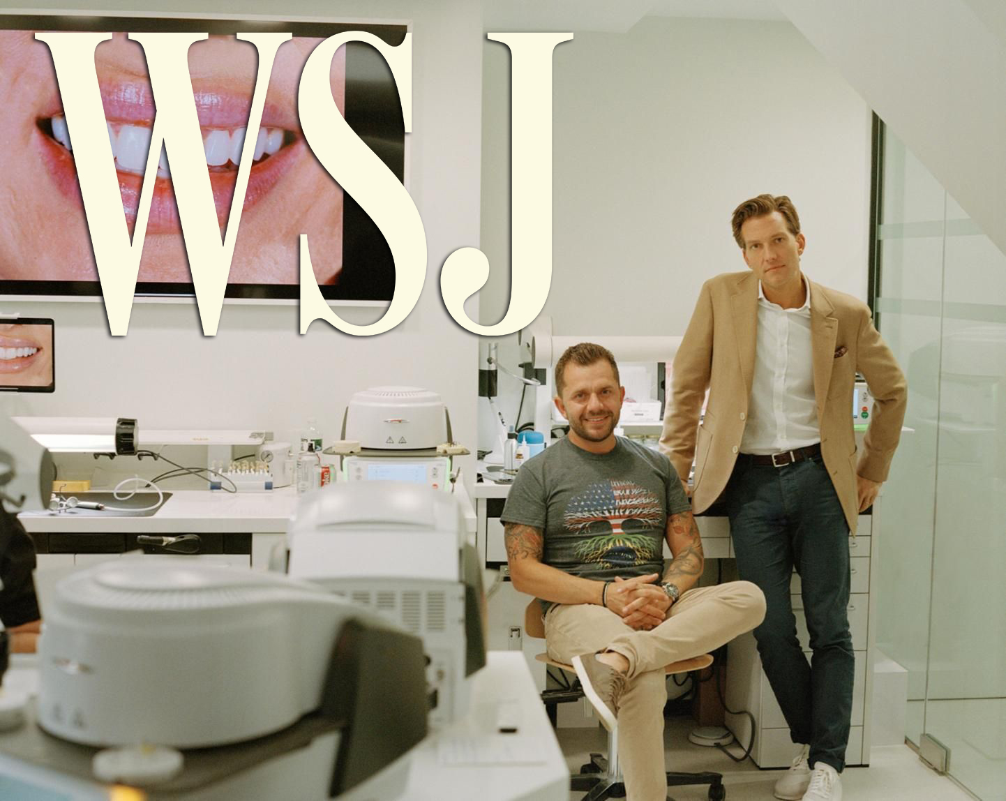 Two men in a modern dental office, with one seated and the other standing. A large dental equipment piece is visible. The letters WSJ are prominently displayed. A screen shows a close-up of a smile.