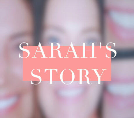 A blurred image background with smiling faces, overlaid by a coral pink rectangle. The text SARAHS STORY is prominently displayed in white capital letters across the rectangle.