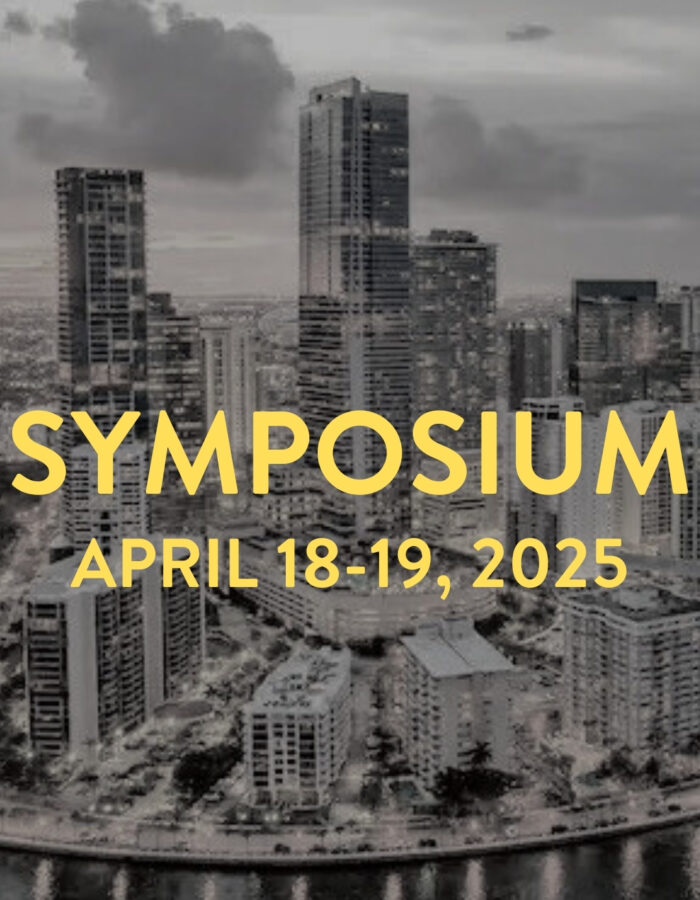 A grayscale cityscape with tall buildings is overlaid with text announcing a symposium on April 18-19, 2025.