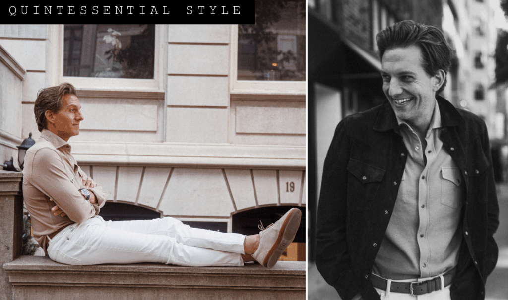 Split image: On the left, a man in a beige shirt and white pants sits sideways on a stone railing. On the right, he smiles in a black and white photo, wearing a button-up shirt and jacket. Text reads “QUINTESSENTIAL STYLE.”.