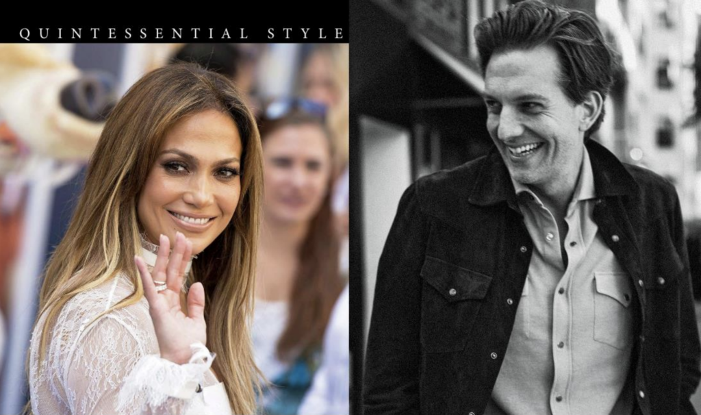 A woman with long, light brown hair waves and smiles at an event. Next to her, a man in a button-up shirt and jacket smiles in a black-and-white photo. Text above reads “QUINTESSENTIAL STYLE.”.