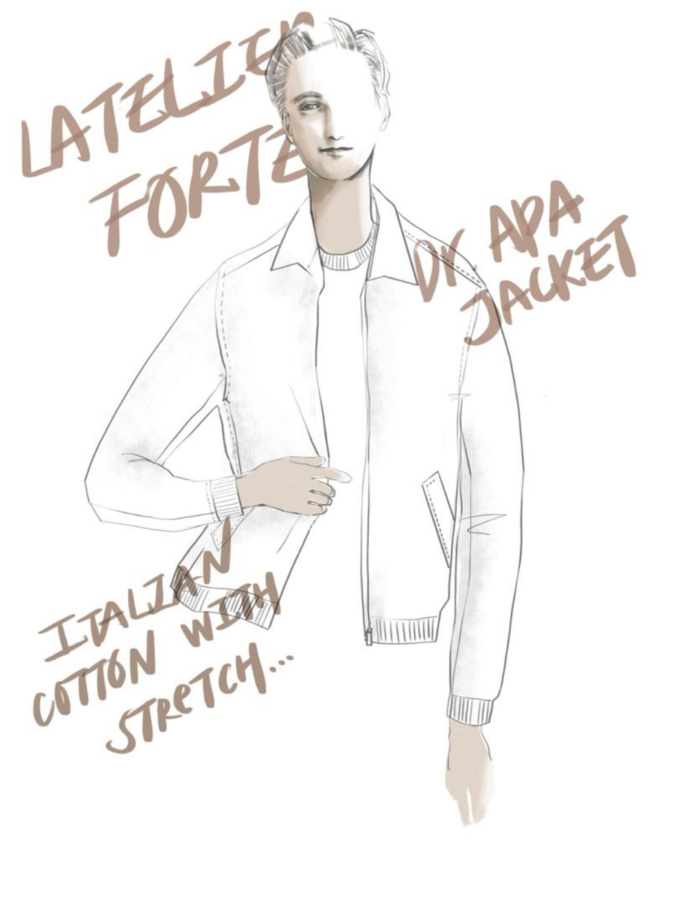 A sketch of a person wearing a light bomber jacket, with handwritten text around them reading: LATELIER FORTE, DK APA JACKET, and ITALIAN COTTON WITH STRETCH...